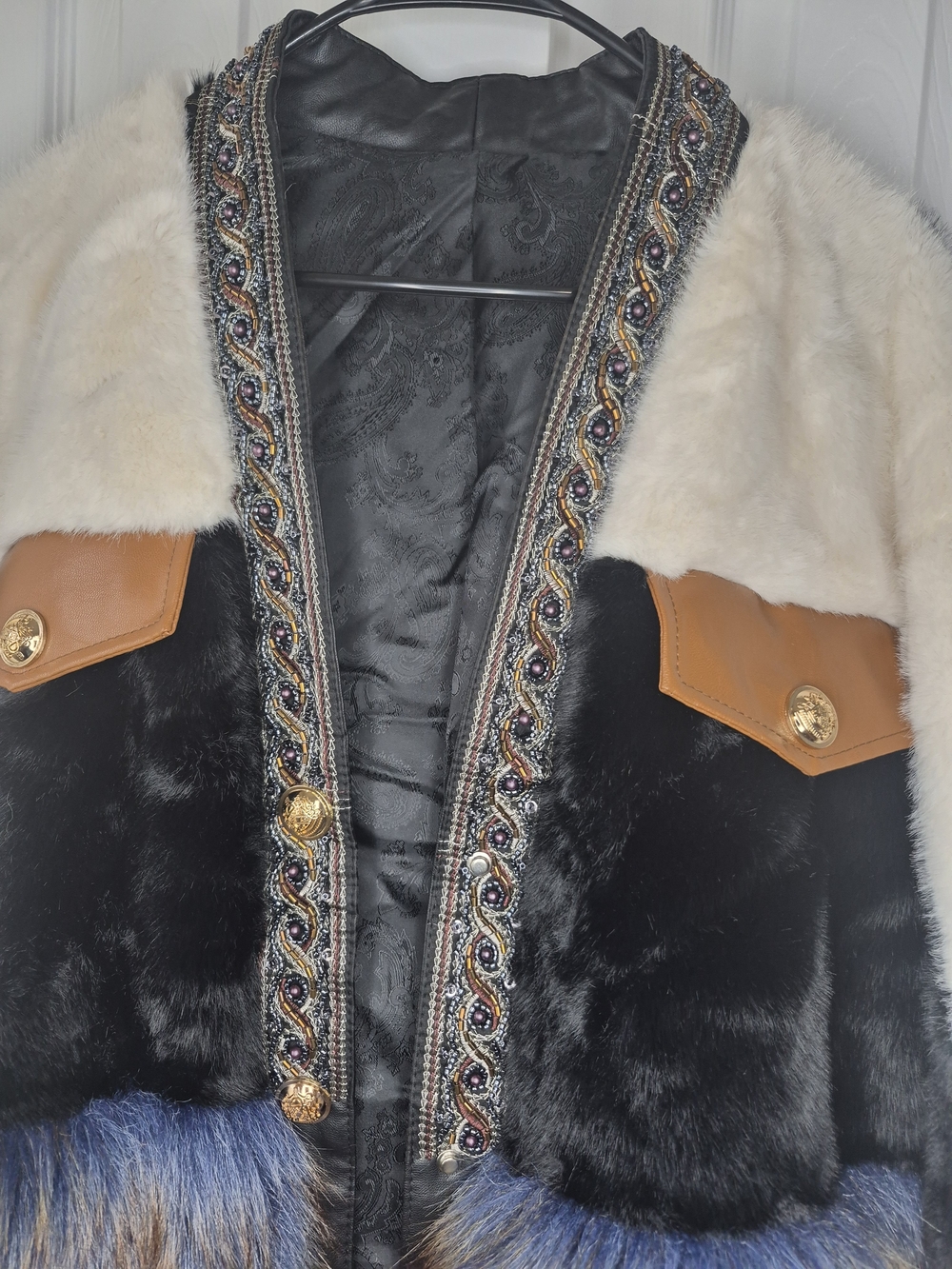 Mixed-Texture Teddy Jacket in Black, White & Tan - Picture 4 of 8